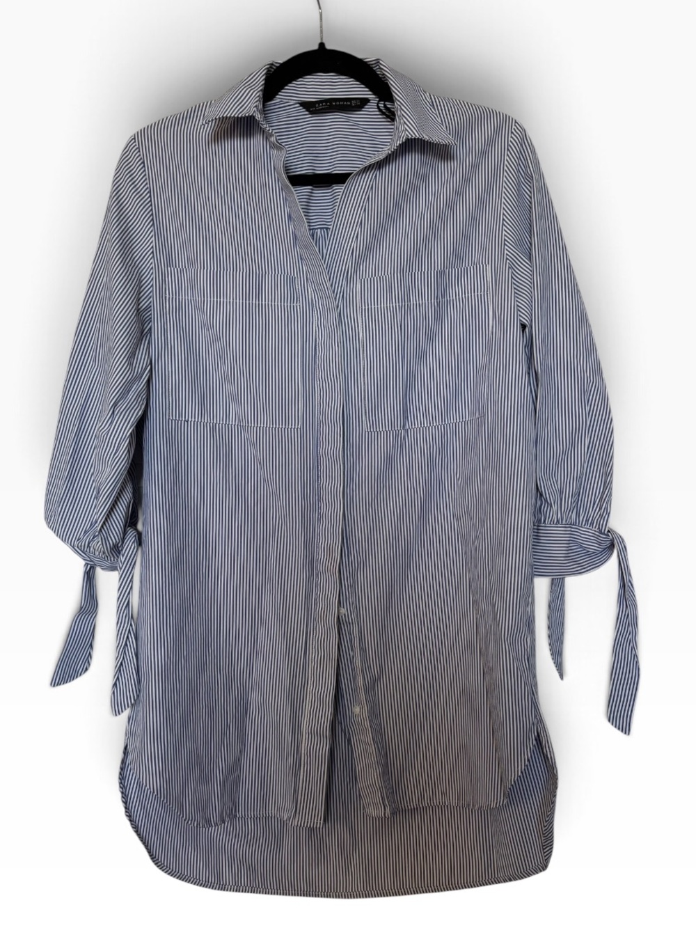 ZARA Woman Blue White Striped Tie-Cuff Oversized Tunic Shirt XS
